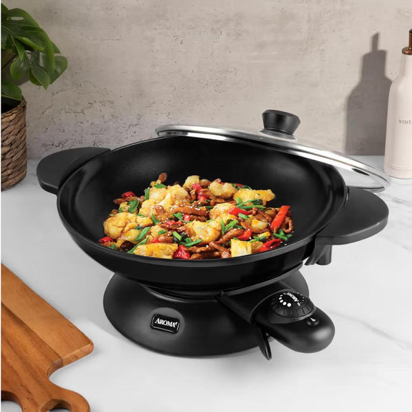 Aroma Housewares AEW-306 Electric Wok with Tempered Glass Lid Easy Clean Nonstick, Cooking Chopsticks, Tempura and Steaming Racks, Professional Model, Black