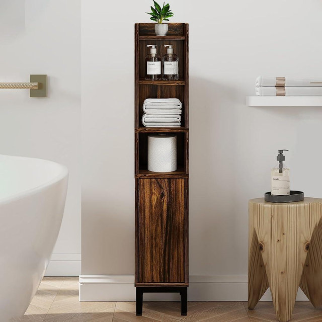 FerniTry Small Bathroom Storage Cabinet, Corner Floor Cabinet with Door and Shelves, Narrow Toilet Paper Cabinet, Bathroom Organizer with Adjustable Shelf, for Small Spaces (Walnut, 5-Tier)