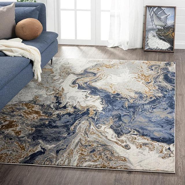 Luxe Weavers Marble Collection Blue Area Rug 8x10 Modern Abstract Swirl Design Non-Shedding Carpet
