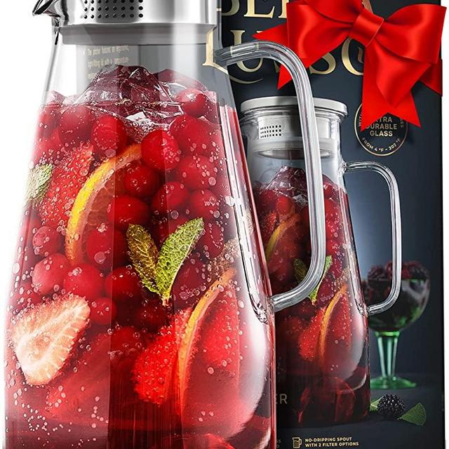 Glass Pitcher with Lid - Water Carafe 60 oz - Iced Tea, Juice, Milk, Coffee, Lemonade - Borosilicate Boiling Glassware - Hot & Cold Beverages - 1/2 Gallon Large Jug, Handle & Spout - Premium Gift Box