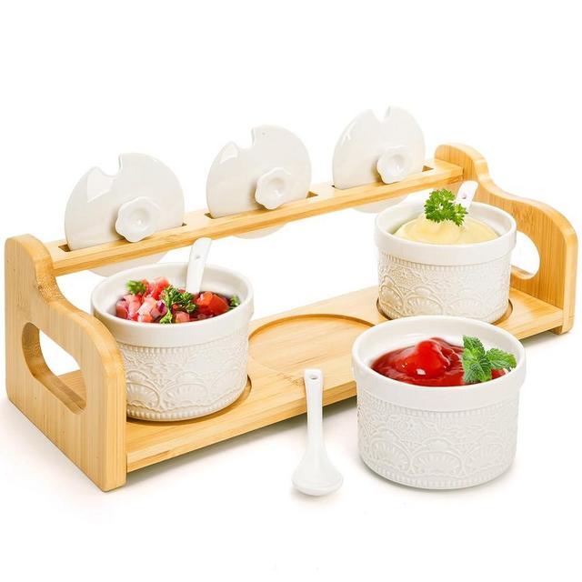 Acshio Set of 3 Ceramic Dipping Sauce Bowls, 5 Oz Condiment Seasoning Jars with Lid Spoon Bamboo Tray, Small Appetizer Serving Tray Soy Sauce Dish for Snacks, Appetizers, Sauces