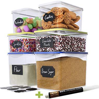 Chef's Path Food Storage Containers - Flour Container - Great for Sugar, Baking Supplies - Airtight Kitchen & Pantry Bulk Food Canisters- BPA-Free - 6 PC Set - 8 Labels & Pen