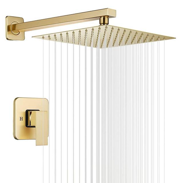 Brushed Gold Shower Faucet GGStudy Single Function Shower Trim Kit with Rough-in Valve Shower Set Bath Rainfall Shower Faucet System 10 inch Square Stainless Steel Metal Shower Head