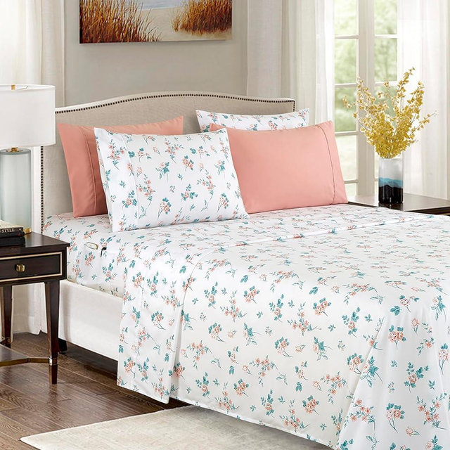 Elegant Comfort Softest and Coziest 6-Piece Sheet Set - 1500 Premium Hotel Quality Microfiber - Deep Pocket, Wrinkle Resistant 6-Piece Floral Bed Sheet Set, King, Celia Pink