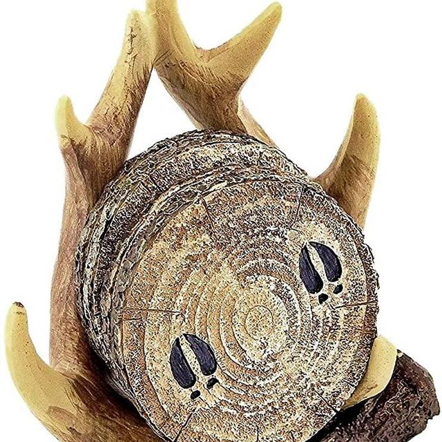 Bellaa 23295 Old West Deer Antler Coaster Set Holder Set 5 Pcs Outdoors Rustic Cabin Theme Decor