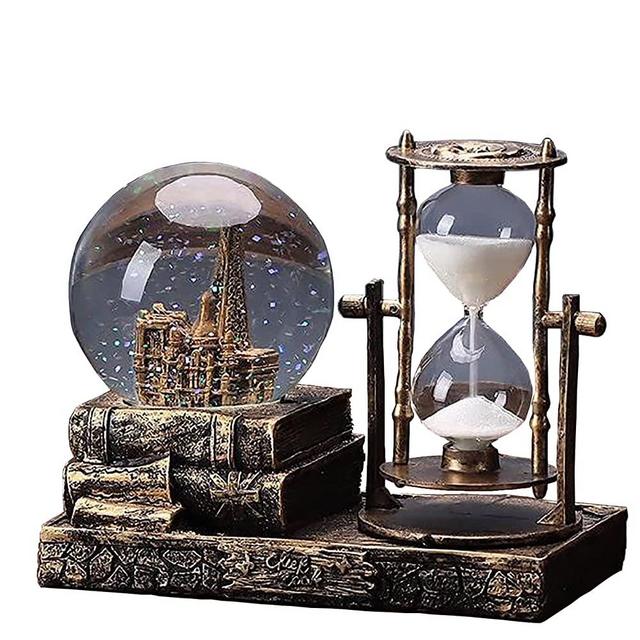 LED Music Crystal Snow Globe with Hourglass Timer Home Decoration for Living Room Bedroom Book Shelf TV Cabinet Desktop Decor Statue Figurine Table Centerpieces Ornaments(A Brass)