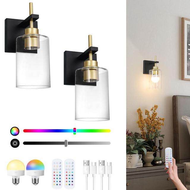 DSMJFU DSMJFU Battery Operated Wall Sconce Set of 2, Black and Gold Sconce Lighting with Clear Glass Lampshade, Rechargeable Battery Powered Wall Light with Remote Control for Bedside Bedroom Doorway