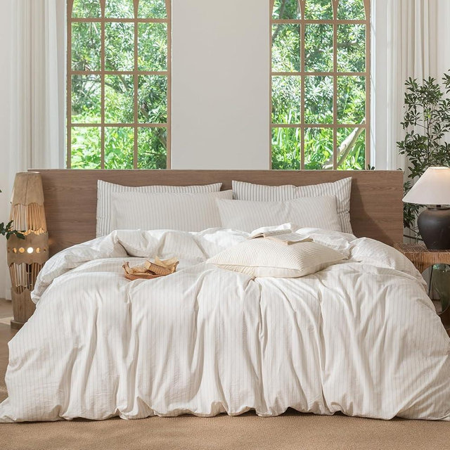 MooMee Striped Duvet Cover Set 100% Washed Cotton Linen Like Textured Breathable Durable Soft Comfy (White Almond Milk Grey Wide Stripes, Oversized Queen 98"x98")