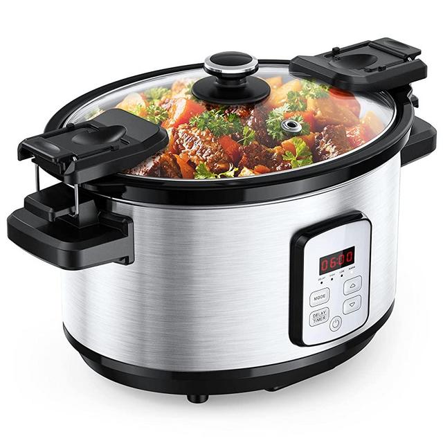 Slow Cooker, 6 QT Programmable Stainless Oval Multi-cooker with Digital Countdown Timer, Delay Start and LCD Display, for Family Dinner, Batch Cooking, Dishwasher-safe