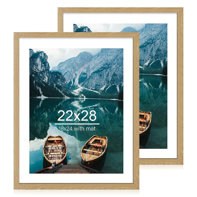 Hongkee 22x28 Frame Set of 2, Natural Oak Wood Style - Display 18x24 Picture Frame with Mat or 22 x 28 Poster Frame without Mat, Wall Mounting Horizontal and Vertical