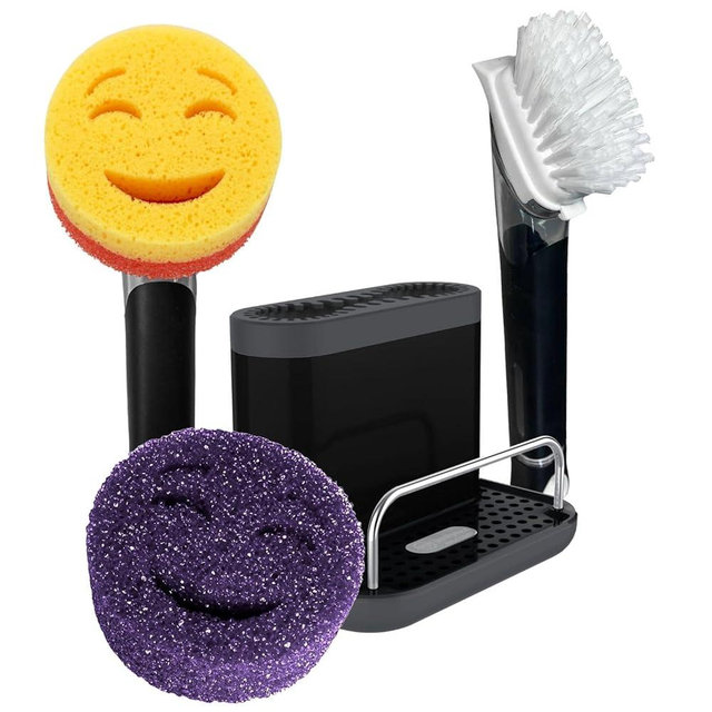 The Original Smiling Handle with Soap Dispensing for Scrub Daddy Sponges & Scrub Moji Sponges with Smilyeez Smile Caddy & Dishwand with 2 Scrub Brushes (Black)