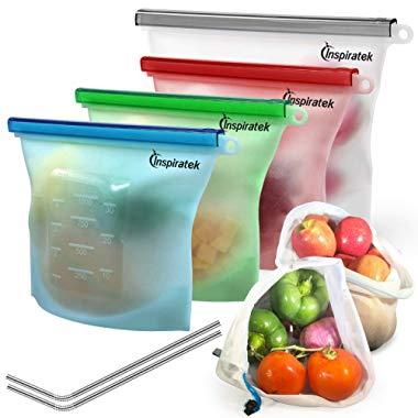 Reusable Silicone Food Bags (Large and Small, Set of 4) + Bonus Stainless Steel Straws & Produce Storage Bags | Insulated Plastic Lunch Bag | Baggies for Sandwich, Kids, Snack, Freezer Dishwasher Safe