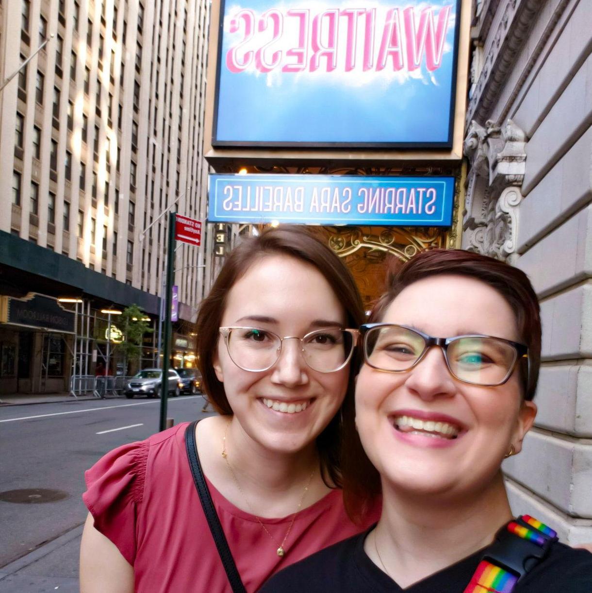 A photo we took when we went to our first Broadway show together, Waitress, in 2021.