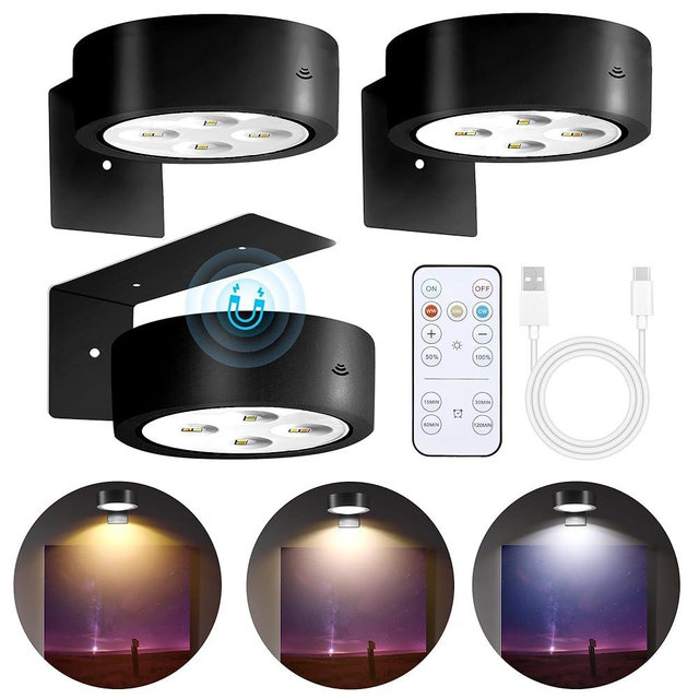 3-Pack Picture Lights for Wall, Rechargeable Battery Operated LED Painting Light with Remote Control Dimmable & Timer, 3 CCT Magnetic Art Display Lighting, Wireless Wall Decor Puck Light, Black