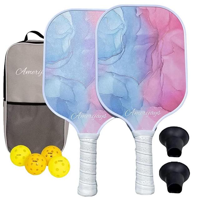 Amerijays Pickleball Paddles Set of 2, 1 Pickleball Carrying Bag, 2 Indoor Balls, 2 Outdoor Balls, 2 Ball Retrievers, Fiberglass Surface, Polypropylene Honeycomb Core, Cushion Grips, Lightweight