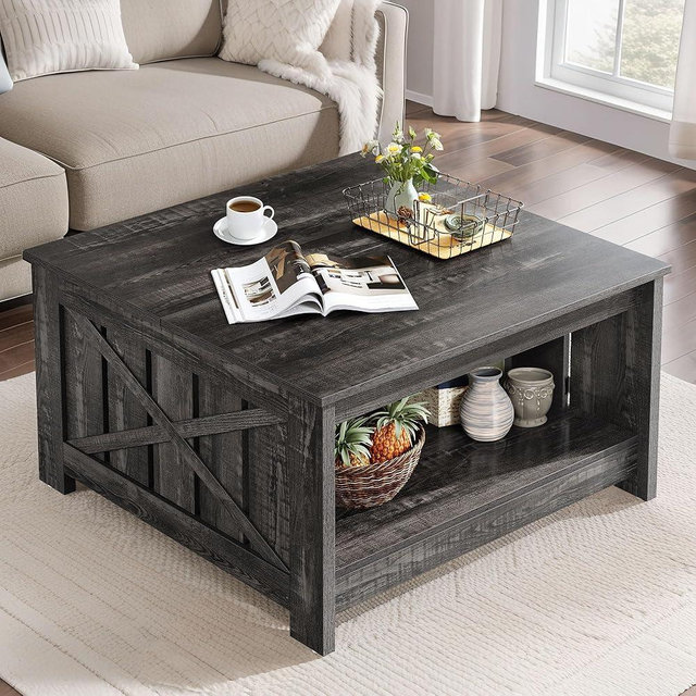 DWVO Square Coffee Tables for Living Room Farmhouse Coffee Table with Storage, 2-Tier Wood Center Table with Half Open Storage Compartment, Dark Rustic Oak