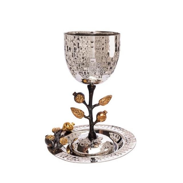 Yair Emanuel Sculpted Kiddush Cup Wedding Gift - Sculpted Stem With Pomegranates Accent Decorations - Unique Wine Blessing Cup