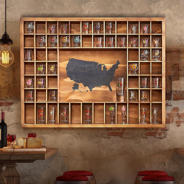 Tristcily Large Shot Glass Display Case with US Map,60 Slots, 34 X 26 Inch Rustic Wood Shot Glass Display Cabinet for 2 Size -In Rooms Bars Wine Cellars with Shot Glasses Jewelry Shell & Keepsakes