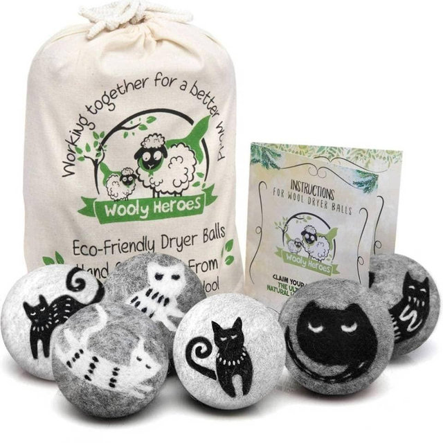 Wooly Heroes Wool Dryer Balls - Organic Eco Friendly - 6-Pack XL ~ Reusable Fabric Softener ~ with Free Natural Laundry eBook (Kitty & Friends)