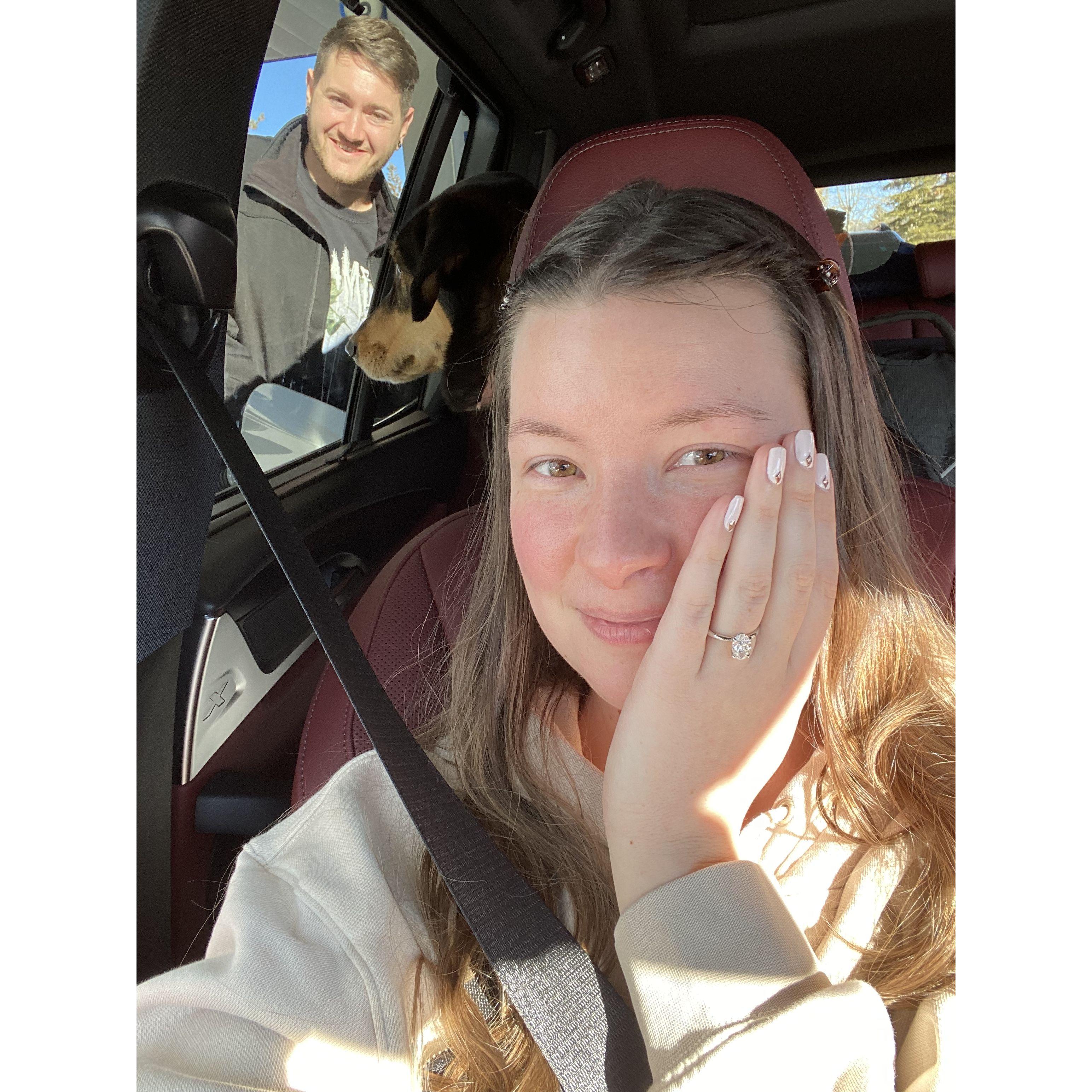 Just moments after the proposal, on the ride back home as fiancés!
