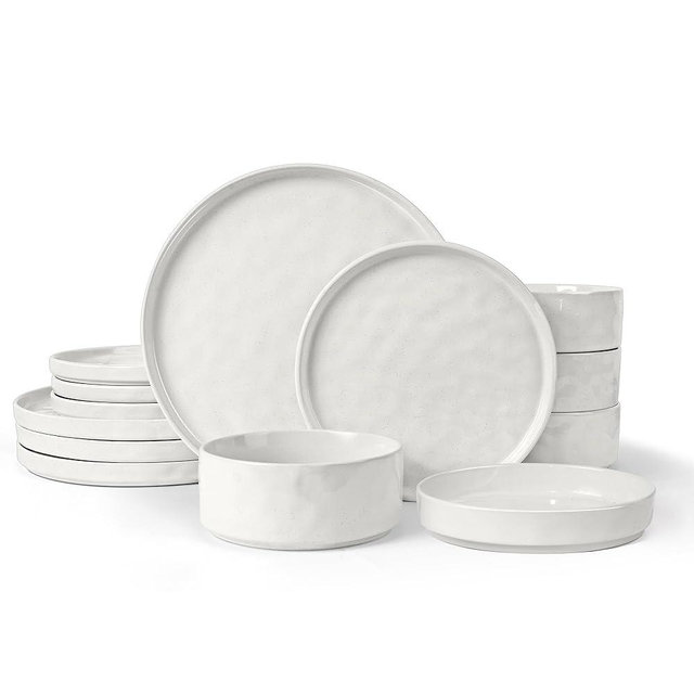 LIANYU 16 Piece Dinnerware Set with Pasta Bowls, Stoneware Dinner Plates and Bowls Sets, Wide Shallow Speckled Dishes Set for 4, Chip and Scratch Resistant, Microwave & Dishwasher Safe, Polar White