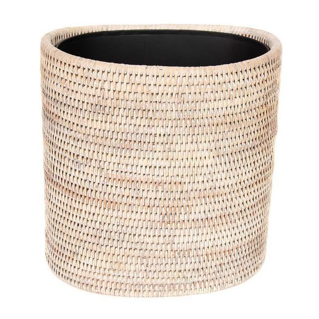 Summerville Handwoven Rattan Oval Waste Basket With Metal Liner, White Wash