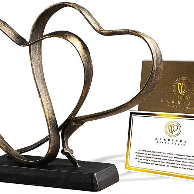Wedding Anniversary Couples Gift - Two Hearts and Cross Iron Sculpture, Marriage Takes Three Christian Decor, 10.8 x 9.5 Inches, Includes Poem Card
