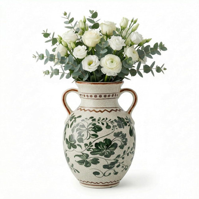 EFISPSS Ceramic Vintage Vase Decorative Spring Decor Chinese Crackle Floral Handle for Dining Room Living Room Green 8.4 in