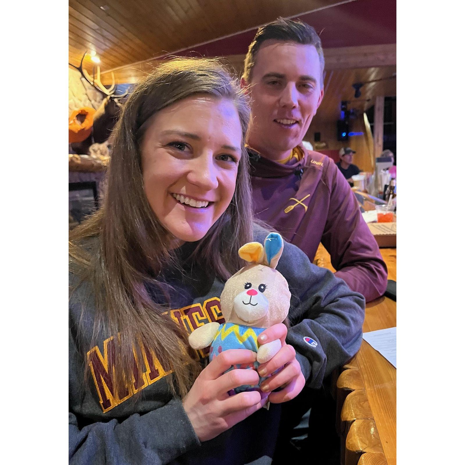 One of many claw machine winnings that have burned holes in Kerry's pockets