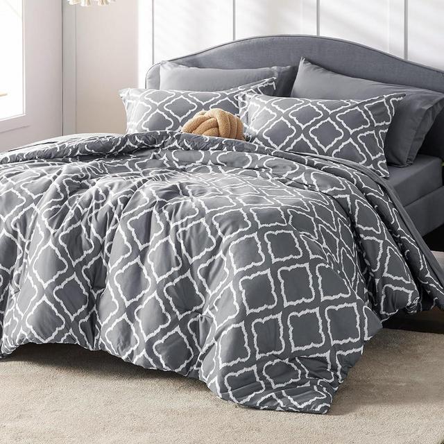 Bedsure Queen Comforter Set 7 Pieces - Dark Grey Blue Quatrefoil Comforters Queen Size, Lightweight Bedding Sets for All Season, Bed in a Bag with Comforters, Sheets, Pillowcases & Shams