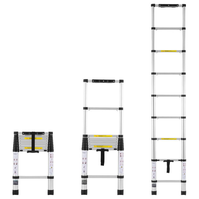 VEVOR Telescoping Ladder, 8.5FT Aluminum Lightweight Extension Ladder, One-button Retraction Collapsible Ladder, 375 LBS Capacity, Silver