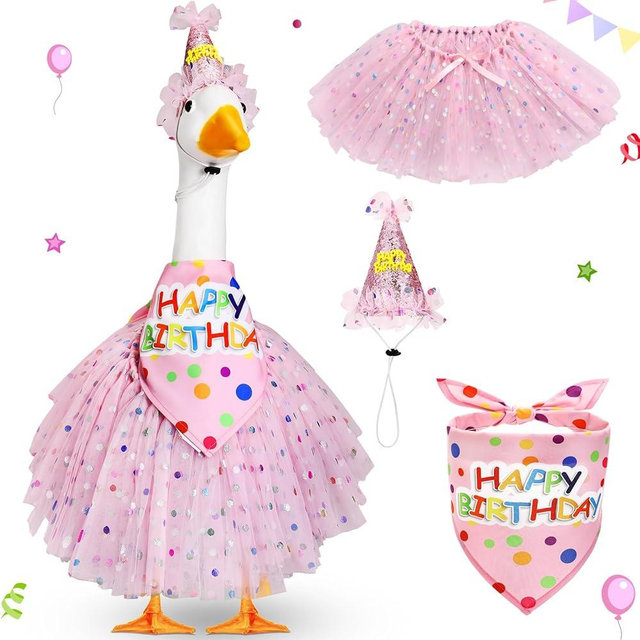 Locmeo 3 Pcs Birthday Porch Goose Outfit for 23" /17" Cement Lawn Goose Clothes Happy Birthday Hat and Tutu Skirt Bandana(Pink)