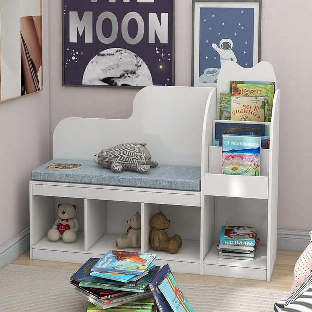 TaoHFE Reading Nook for Kids with 4 Storage Cubes and Cushion, Kid Bench with Kids Bookshelf and Toy Storage, Multifunctional Kids Reading Nook for Living Room, Kid Room, Nursery, White