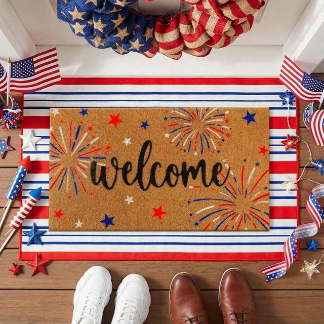Moucuny 2 Pcs 4th of July Natural Coir Door Mat Outdoor Red Blue White Welcome Rug Patriotic Mat Non-Slip Independence Day 4th July Indoor Entrance Outside Porch Front Decor, 16 x 28 Inch