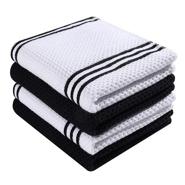 Homaxy 100% Cotton Waffle Weave Stripe Kitchen Towels, 13 x 28 Inches, Super Soft and Absorbent Dish Towels for Drying Dishes, 4-Pack, White & Black