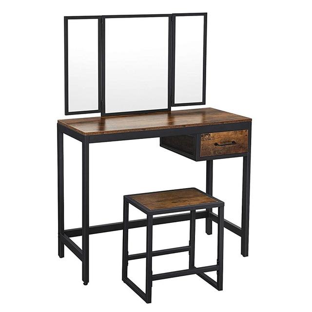VASAGLE Vanity Table Set, Makeup Table with Stool, Tri-Fold Mirror, 1 Drawer, Industrial, Rustic Brown and Black URVT01BX