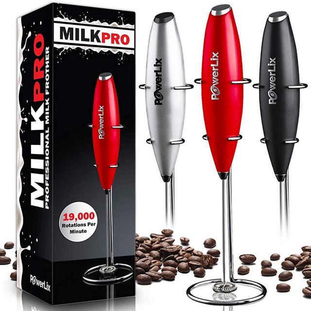 PowerLix Milk Frother Handheld Battery Operated Electric Foam Maker For Coffee, Latte, Cappuccino, Hot Chocolate, Durable Drink Mixer With Stainless Steel Whisk, Stainless Steel Stand Include (Red)