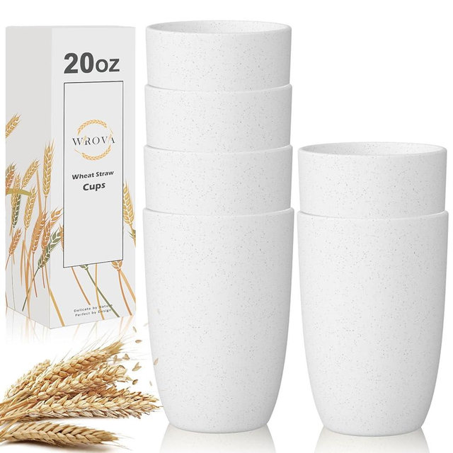 Wrova Wheat Straw Cups 6 Set of 6 Good Alternative to Plastic Reusable Cups 20 oz Unbreakable Drinking Cup Reusable Dishwasher Safe Water Plastic Glasses - White