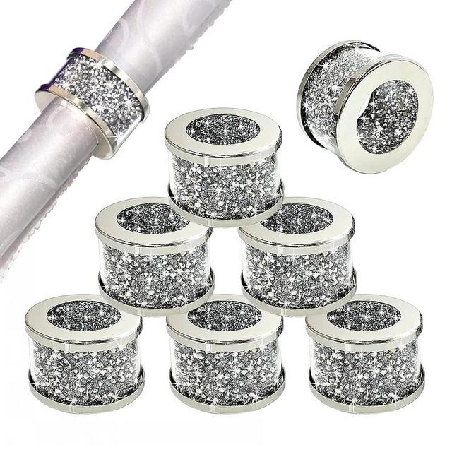 STYLISHIA Silver Diamond Glass Napkin Holder Stainless Steel Framed Crystal Silver Napkin Rings Set of 8 Pieces, Glam Serviette Buckles Cloth Holder Bling Crushed Diamond Table Settings Home Decor