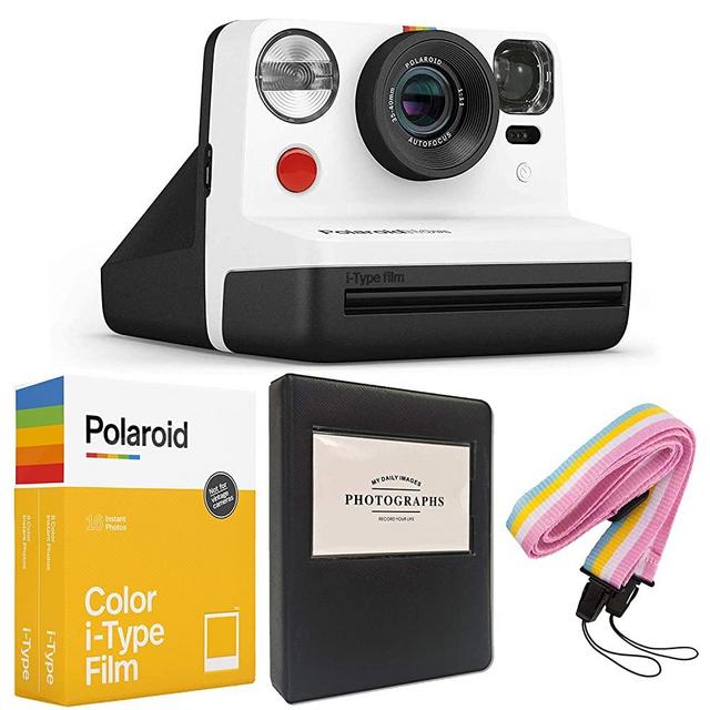 Polaroid Now i-Type Instant Camera - Black & White + Polaroid Color i-Type Film (16 Sheets) + Black Album + Neck Strap - Gift Bundle