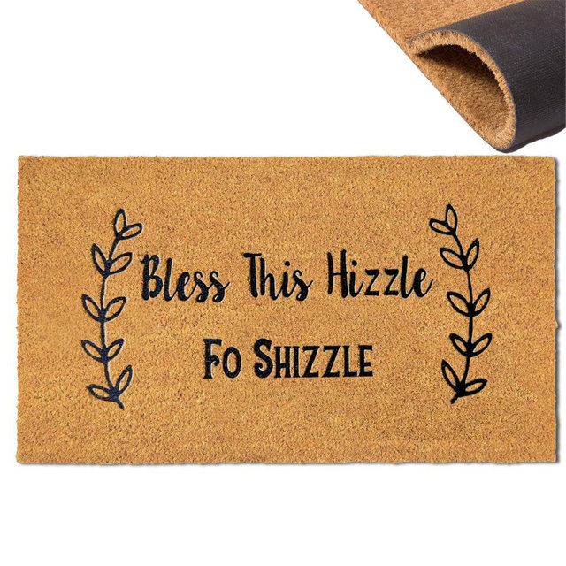 Assaoy Coir Door Mat with Heavy Duty Backing,Bless This Hizzle Fo Shizzle Funny Doormats,Welcome Embroidered Floor Mat Entrance Rubber Indoor Easy to Clean Mother's Day Home Decor 30”x18”