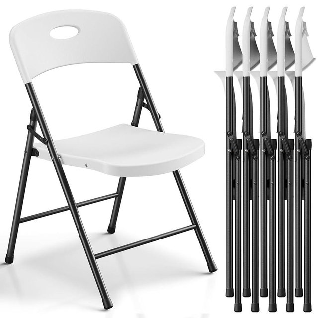 Folding Chairs 6 Pack, Outdoor Plastic Sturdy Metal Folding Chairs for Outside Indoor, Portable 350 lbs Capacity Heavy Duty Foldable Commercial Seating for Picnic, Party, Patio, Office, White