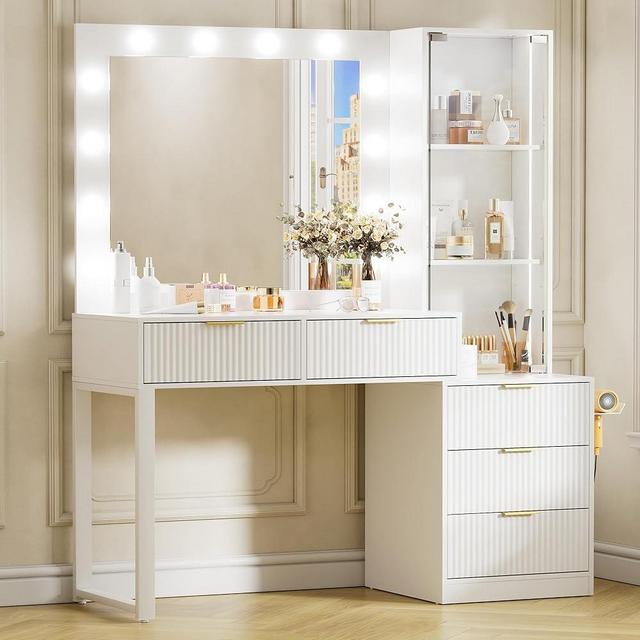 PAKASEPT Vanity Set with Lighted Mirror, 58.7" Makeup Vanity with Charging Station,5 Drawers, Vanity Desk White Vanity for Bedroom (No Stool)