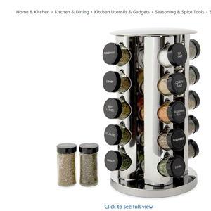 Kamenstein 20 Jar Revolving Countertop Spice Rack with Spices Included, FREE Spice Refills for 5 Years, Polished Stainless Steel with Black Caps, 30020