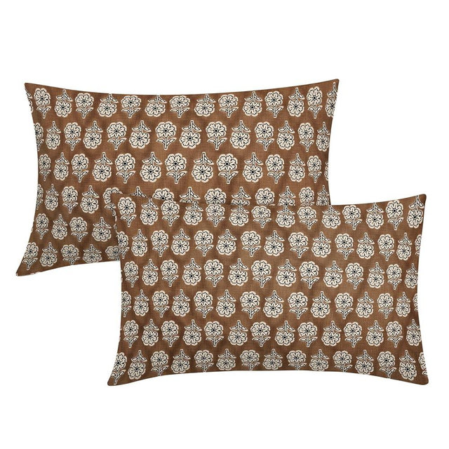 Cognac Brown Flroal Block Print Lumbar Pillow Covers 12X20 in Set of 2 Vintage Flower Pattern Pillow Case Natural Textile Rustic Linen Cushion Case Farmhouse Home Decor for Bed Couch Porch Outdoor