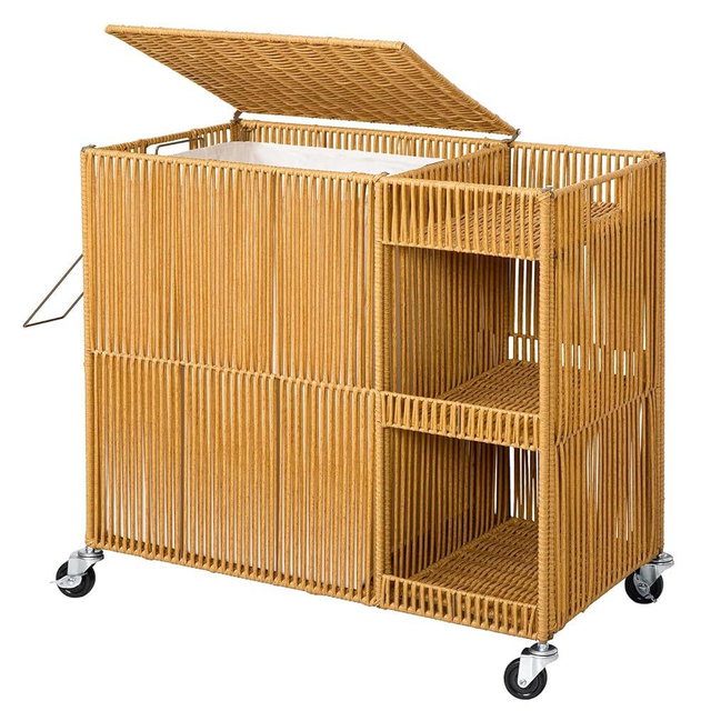 WOWLIVE Laundry Hamper with Wheels, Handwoven Laundry Basket with Lid, Shelves, Rolling Clothes Hamper with Removable Liner Bag, 110L Large Laundry Sorter Laundry Room Organization, Natural