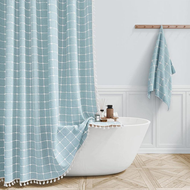 BTTN Boho Farmhouse Shower Curtain - Linen Rustic Heavy Duty Fabric Shower Curtain Set with Tassel, Water Repellent, Bohemian Vintage Country Thick Cloth Shower Curtains for Bathroom, Fog Blue, 72x72