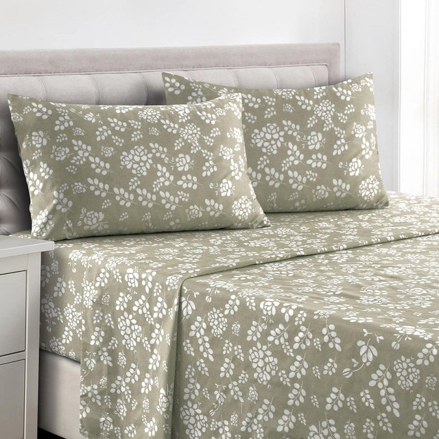 Lux Decor Collection Floral Bed Sheets - 4 Pc Microfiber King Size Sheets & Pillowcases - Taupe