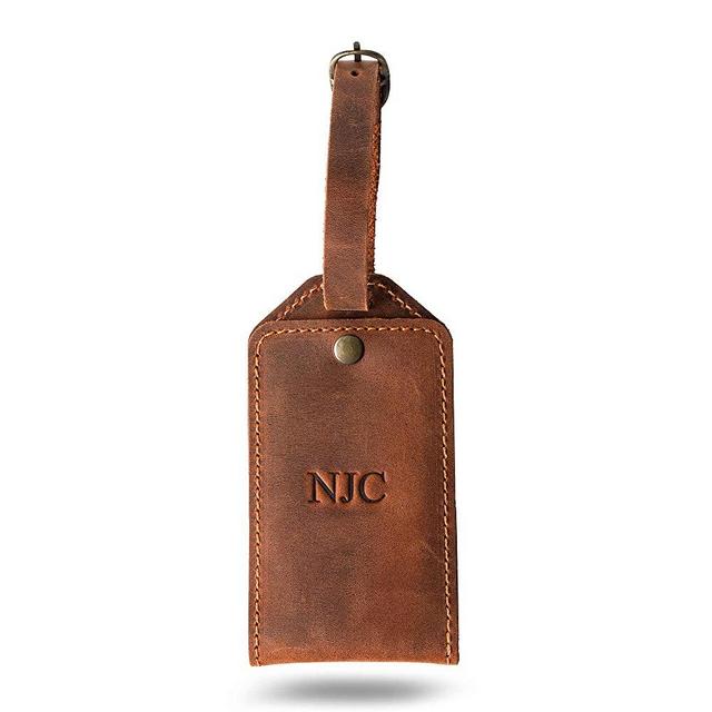 PEGAI Personalized Leather Luggage Tag | Distressed Leather Travel ID Tag | BOND (Mahogany)