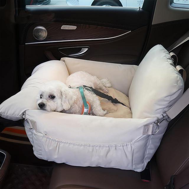 BomDa® Adjustable Dog Car Seat for Small Dog - Detachable Dog Booster Car Seat for Dogs and Cats Up to 25 lbs, Shredded Memory Foam Filling Pet Travel Carrier (Beige, 23" L x 20" W x 17" H)